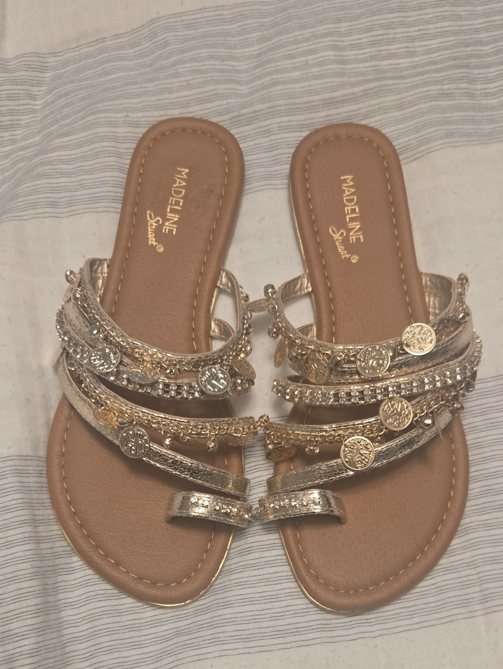 Madeline Stuart Metallic Gold Coin Strap Slide Sandals